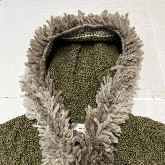 Mitmak Jacket Womens L Green Wool Cable‎ Knit Faux Fur Trim Hooded Indie Boho
